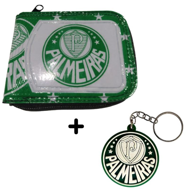 Kit Carteira Masculina + Chaveiro de Borracha do Palmeiras Time de Futebol Brasileiro Com Zíper Porta Documentos Barato 