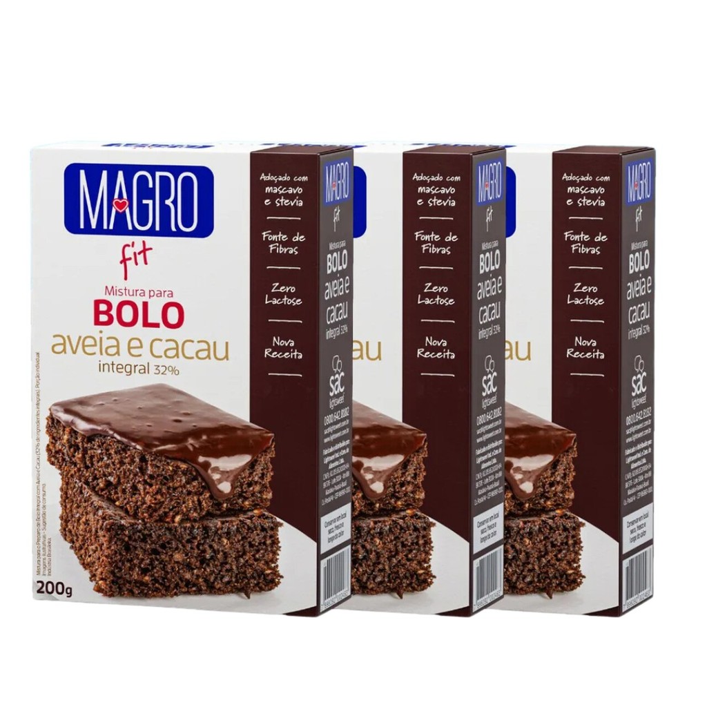 Kit 3 Unid. de Bolo Integral Aveia e Cacau 200g - Marca Magro