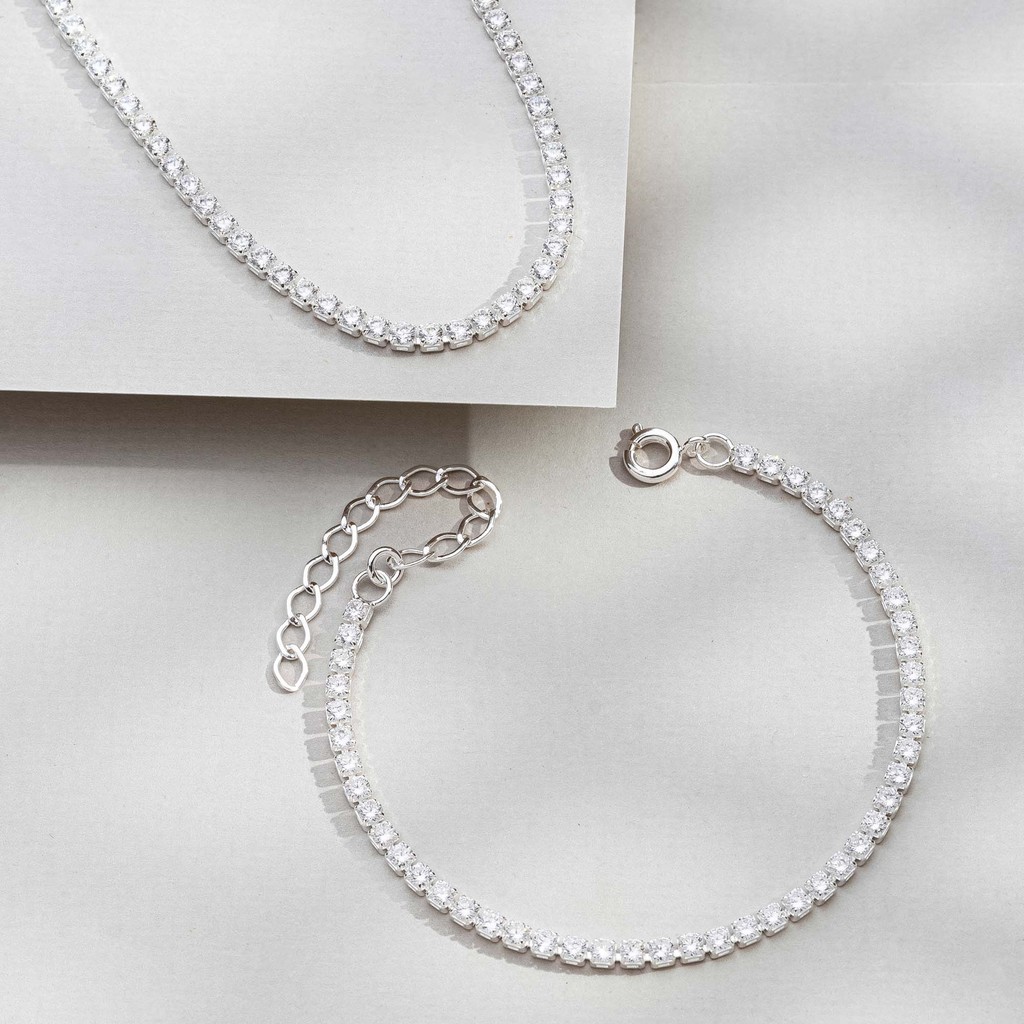 Conjunto Riviera Pulseira e Colar Choker Banhado Prata, Semijoia