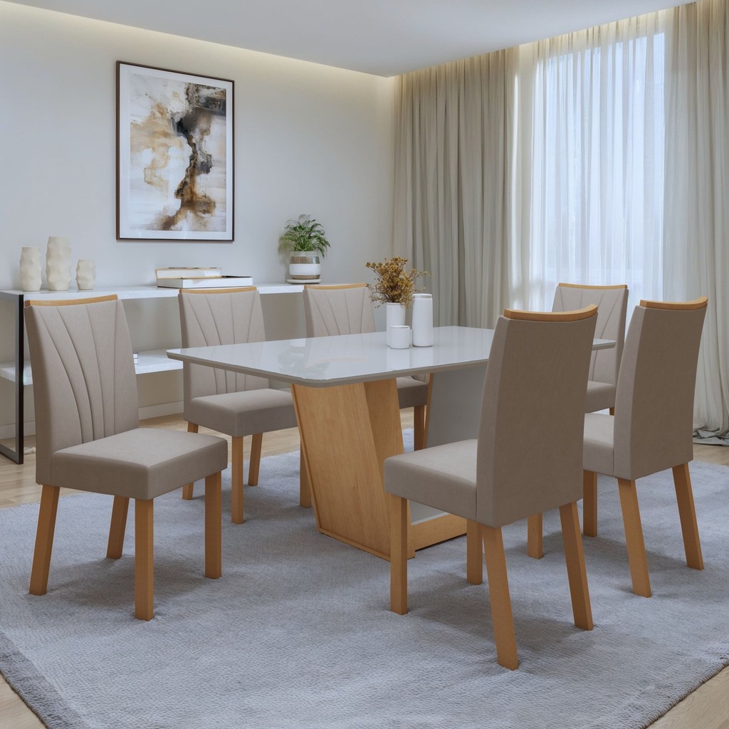 Conjunto Sala de Jantar 6 Lugares Retangular Tampo Vidro/MDF Mesa e Cadeiras Apogeu Amêndoa Clean/Off White/Naturale em Oferta na Shopee