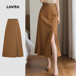 Lovito Elegante Saias Com Contraste E Fendas, Saias Marrons Para Mulheres, Primavera/verão L150AD1643
