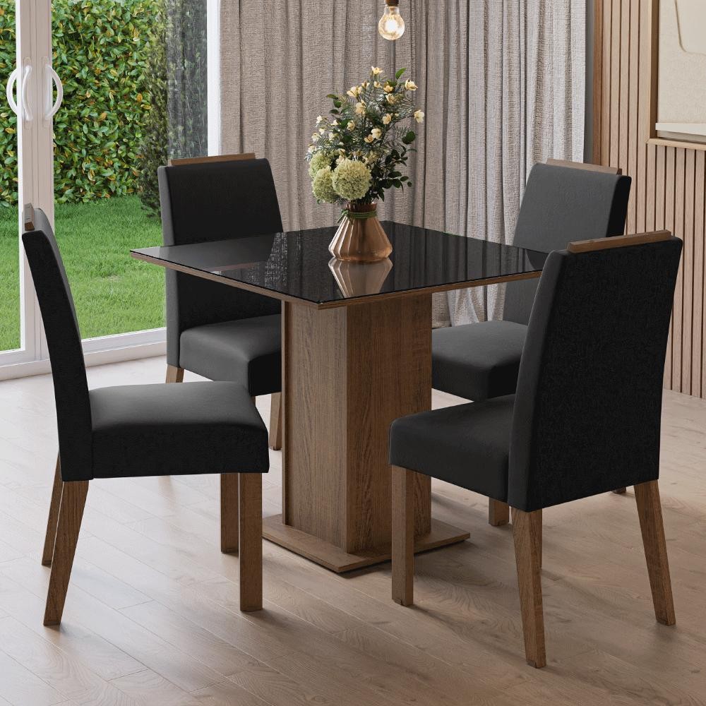 Conjunto Sala de Jantar Tampo de Vidro 4 Cadeiras Rustic/Preto/Oxford Sines Madesa em Oferta na Shopee