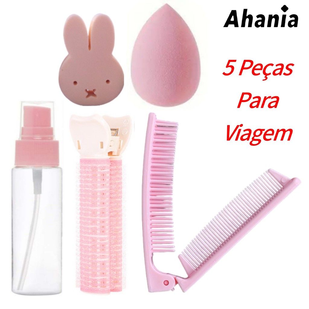Ahania Kit de 5 Peçsa Para Viagem, Frasco de Spray, Escova Dobrável, Piranha de Bobs, Esponja de Coelhos e Gota
