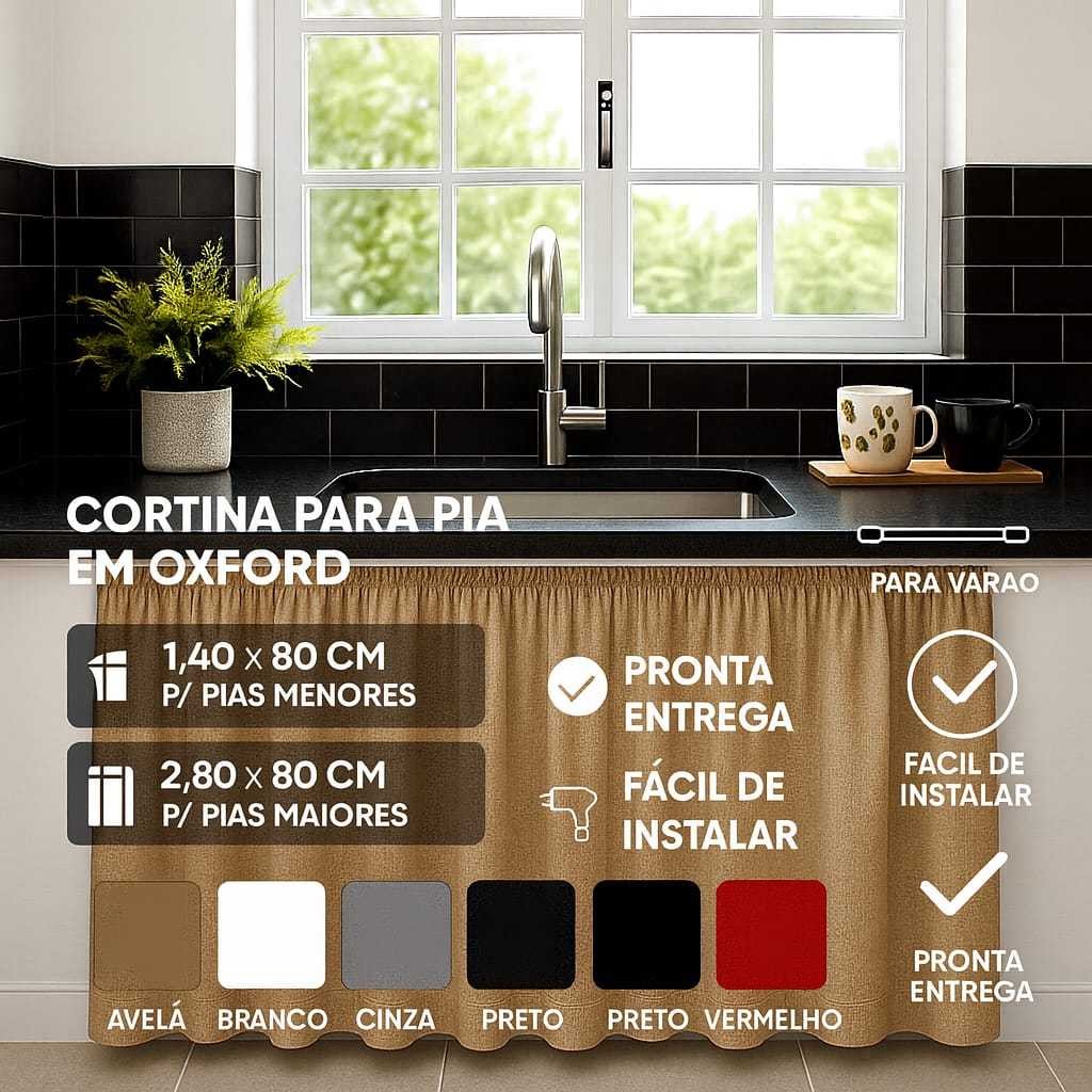 Cortina De Pia de Cozinha em Oxford 2 Tamanhos Várias Cores - Para Varão Prático Decorativo em Oferta na Shopee