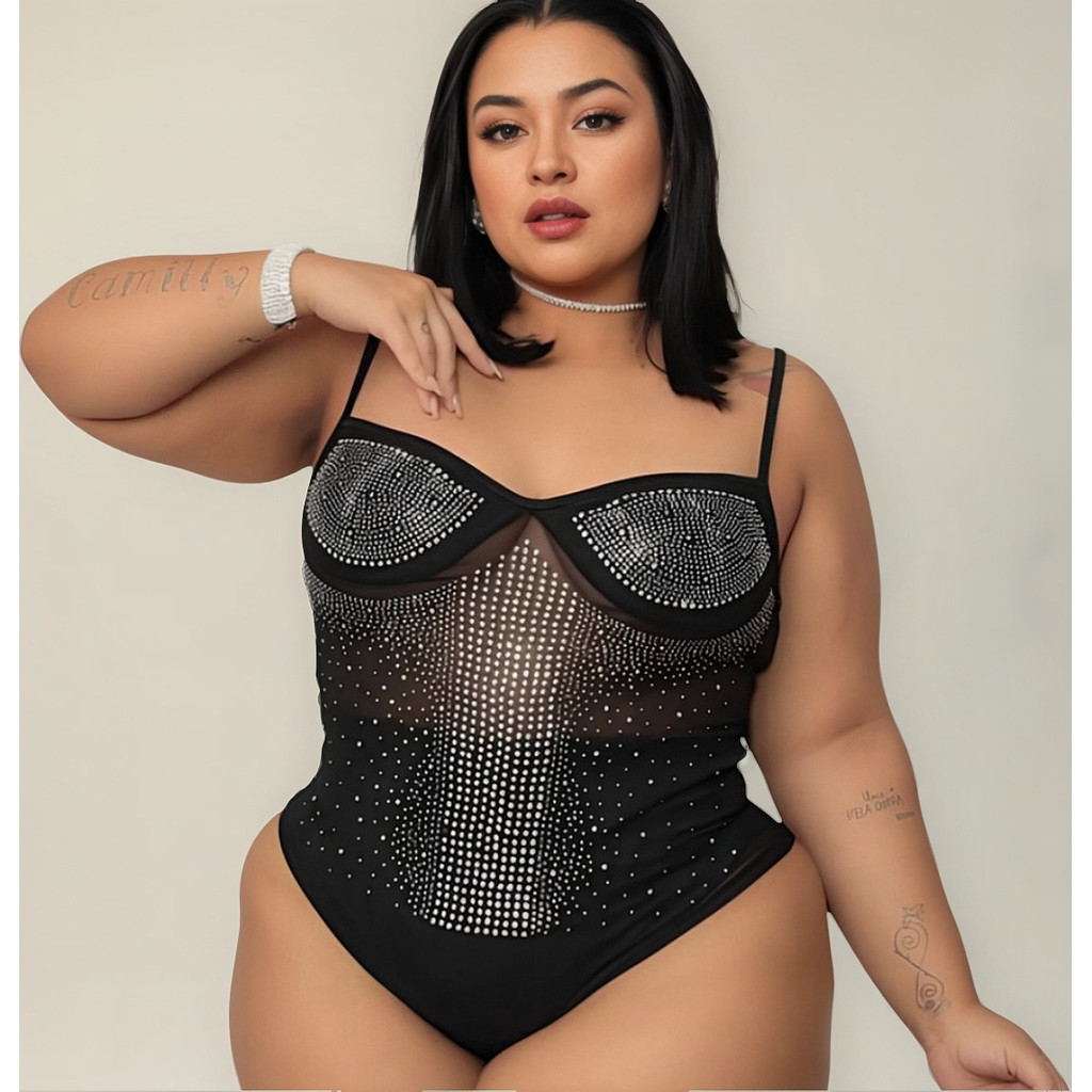 Body Plus Size Predaria Tule Brilho Alça Com Regulador
