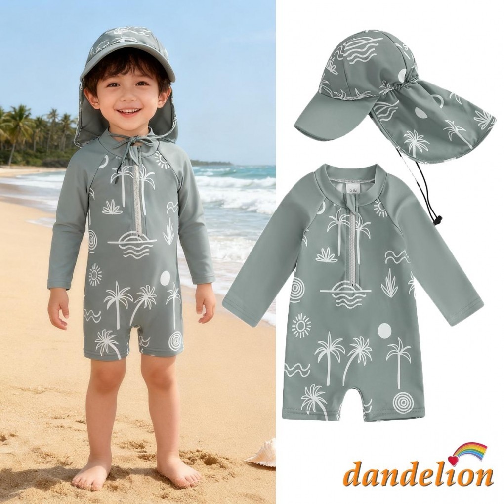 Maiô De Proteção Contra Queimaduras Para Bebês De 0 A 6 Anos Com Chapéu E Estampa De Coqueiro , Manga Comprida , Gola Si