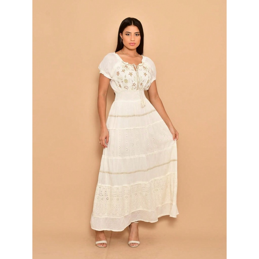 Helena Vestido longo viscolinho bordado manga curta ciganinha
