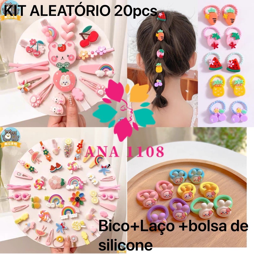 Jogo com 20 unidades  rabico e bico de pato para Cabelo Infantil Kit 12 Bico Pato e 8  rabico