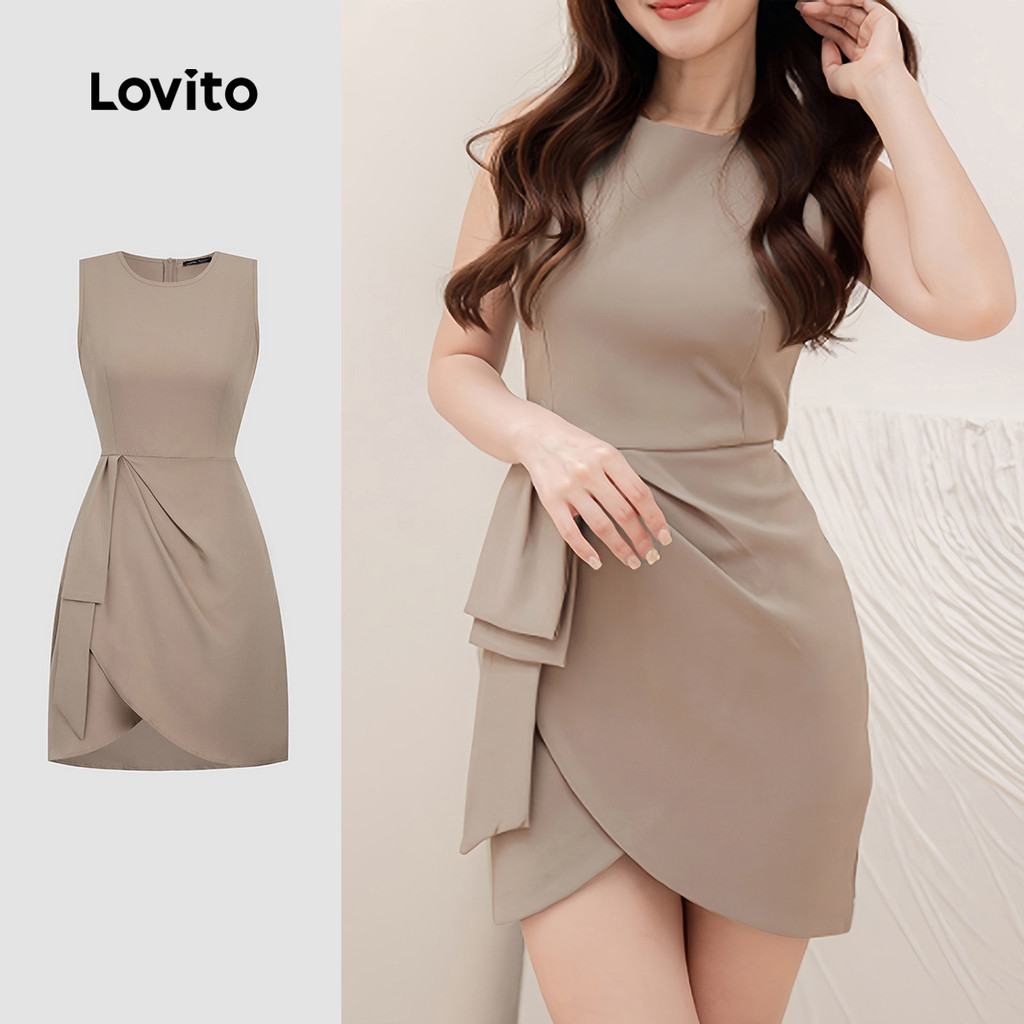 (NEW) Lovito Vestido Elegante Simples Assimétrico Primavera/verão Vestido Cáqui para Mulheres L155ED1783