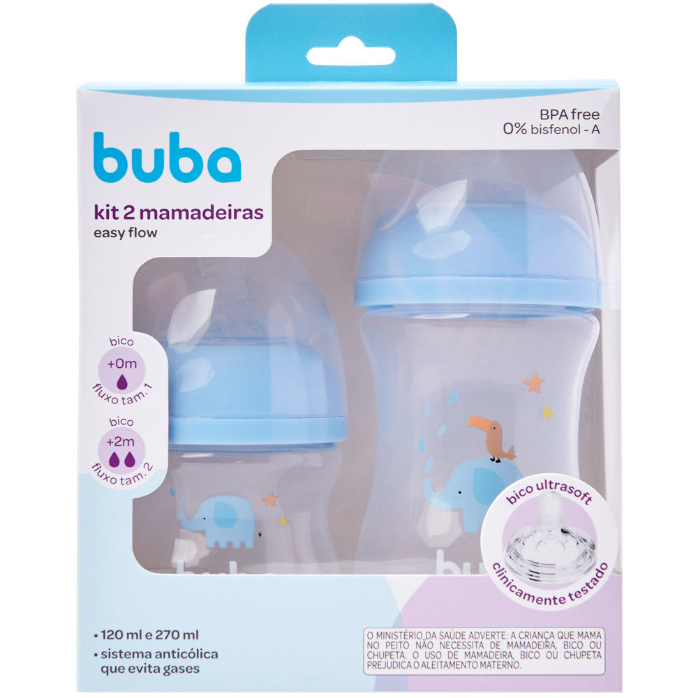 Kit 2 Mamadeiras Buba Easy Flow Anticólica 120ml E 270ml Elefante Azul