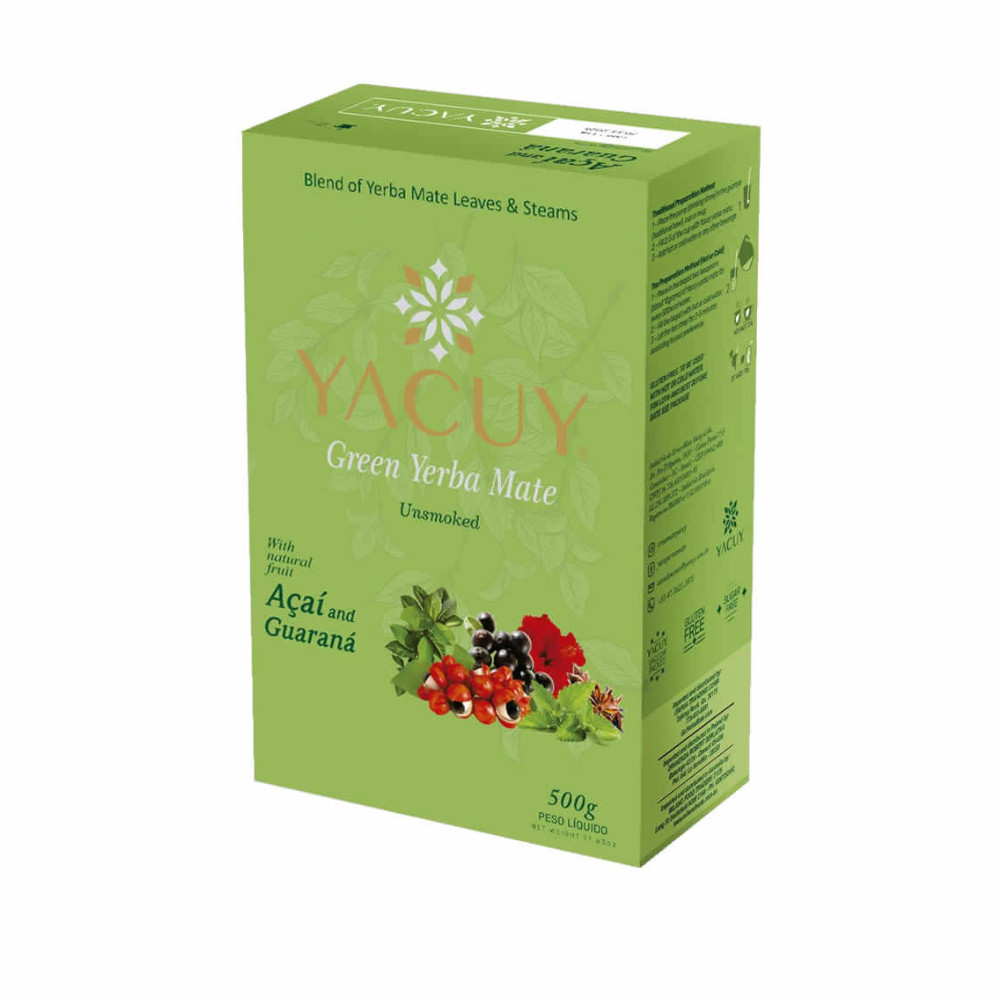Erva Mate Verde Pura Folha Composto Açaí e Guaraná a vácuo Yacuy 500g