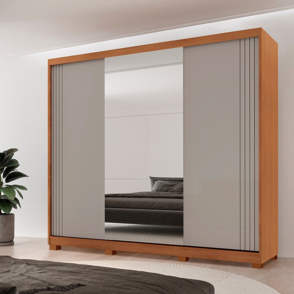 Guarda-Roupa Casal 100% MDF 3 Portas de Correr 4 Gavetas 6 Prateleiras com Pés e Espelho Chile Off White/Marromle