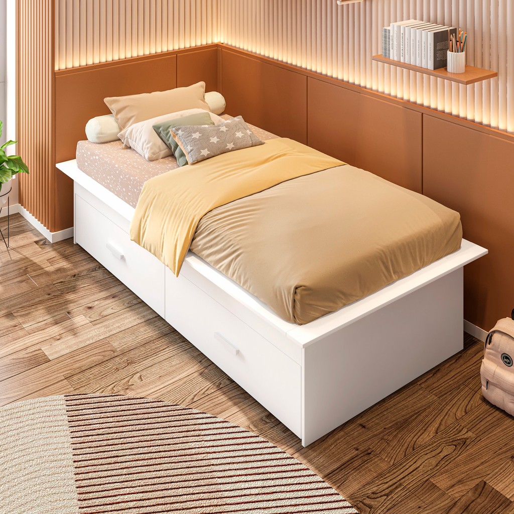 Cama Juvenil Solteiro com 2 Gavetas Deva Yescasa Branco em Oferta na Shopee