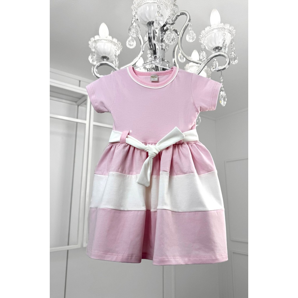 Vestido Infantil Longo Rosa e Branco Recortes Rodado Laço Manga Curta Laço