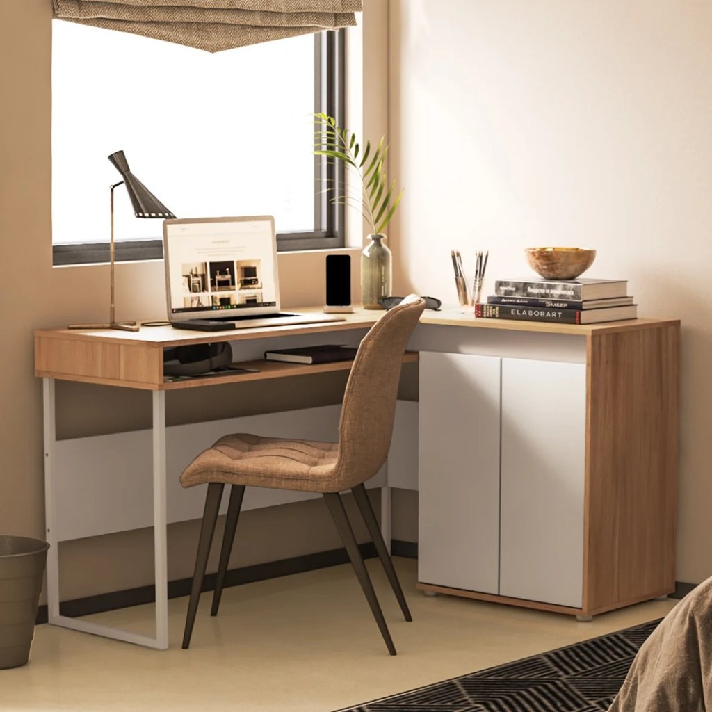 Escrivaninha Mesa Escritório em L 133,5x101,6cm 2 Portas Chicago Aveiro/Branco em Oferta na Shopee