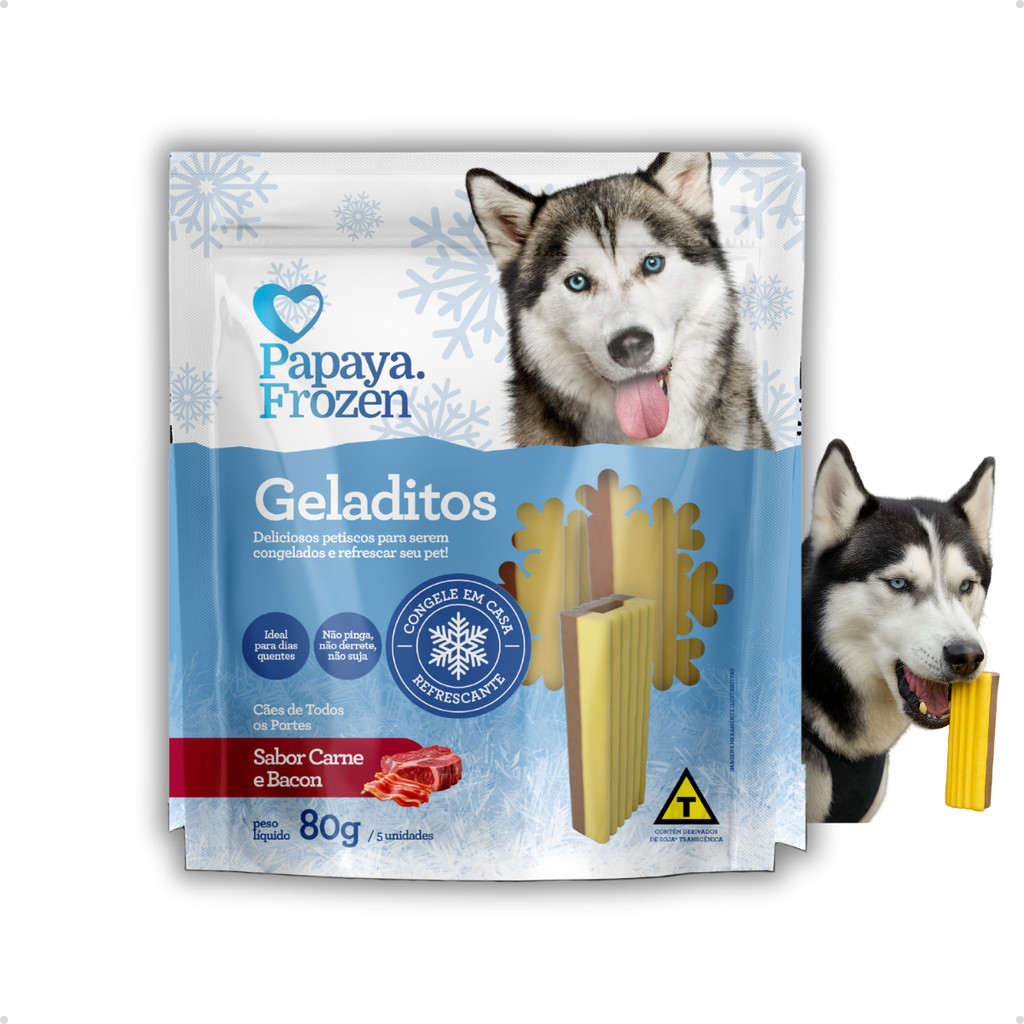 Petisco Natural Snack para Congelar Cachorro Todos os Portes Sabor Carne e Bacon Papaya Pets 80g