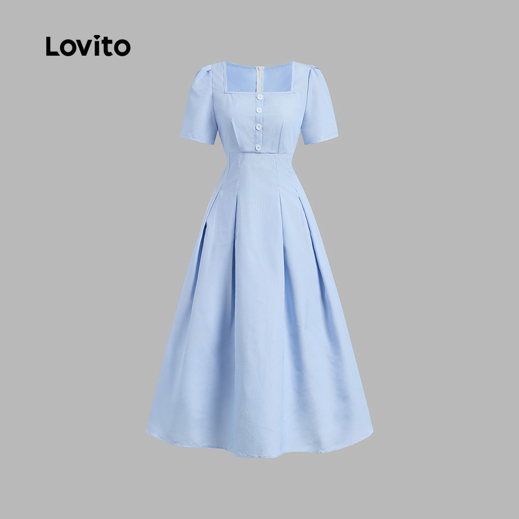 Detalhes do Lovito Vestido Elegante com Botões Primavera/Verão Azul Vestido Evangélico para Mulheres LBL29040