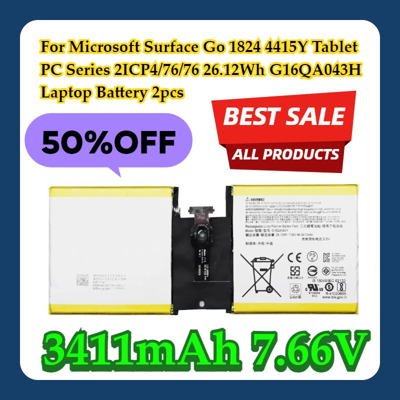 Para Microsoft Surface Go 1824 4415Y Tablet PC Série 2ICP4/76 26.12Wh 3411mAh 7.66V G16QA043H Bateria Portátil 2 Peças