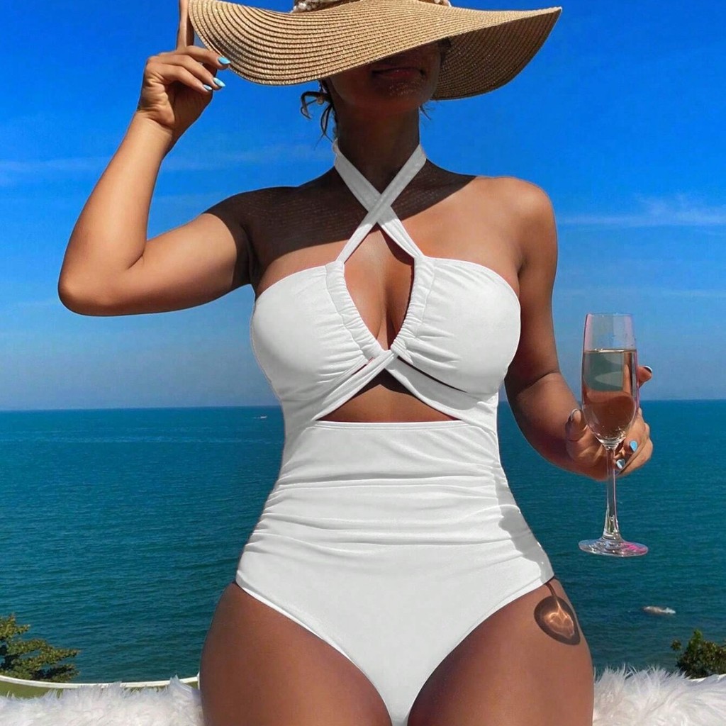 Biquíni Feminino biquini plus size Com Gola Cruzada , sexy E Elegante , Justo , Peça Única , Sem Costas