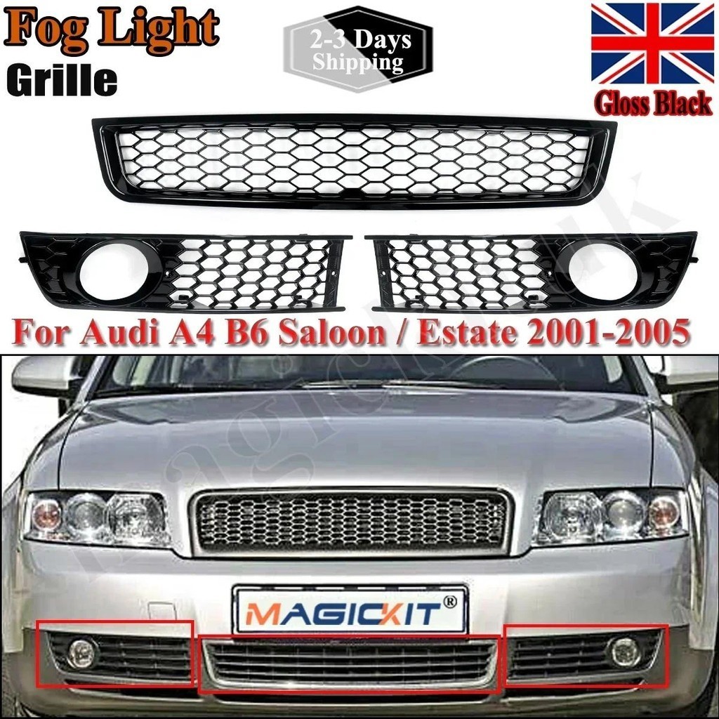 2 Grades De Luz De Nevoeiro Do Para-Choque Dianteiro + Grade Inferior 2002-2005 Audi A4 B6 Sedan BLK