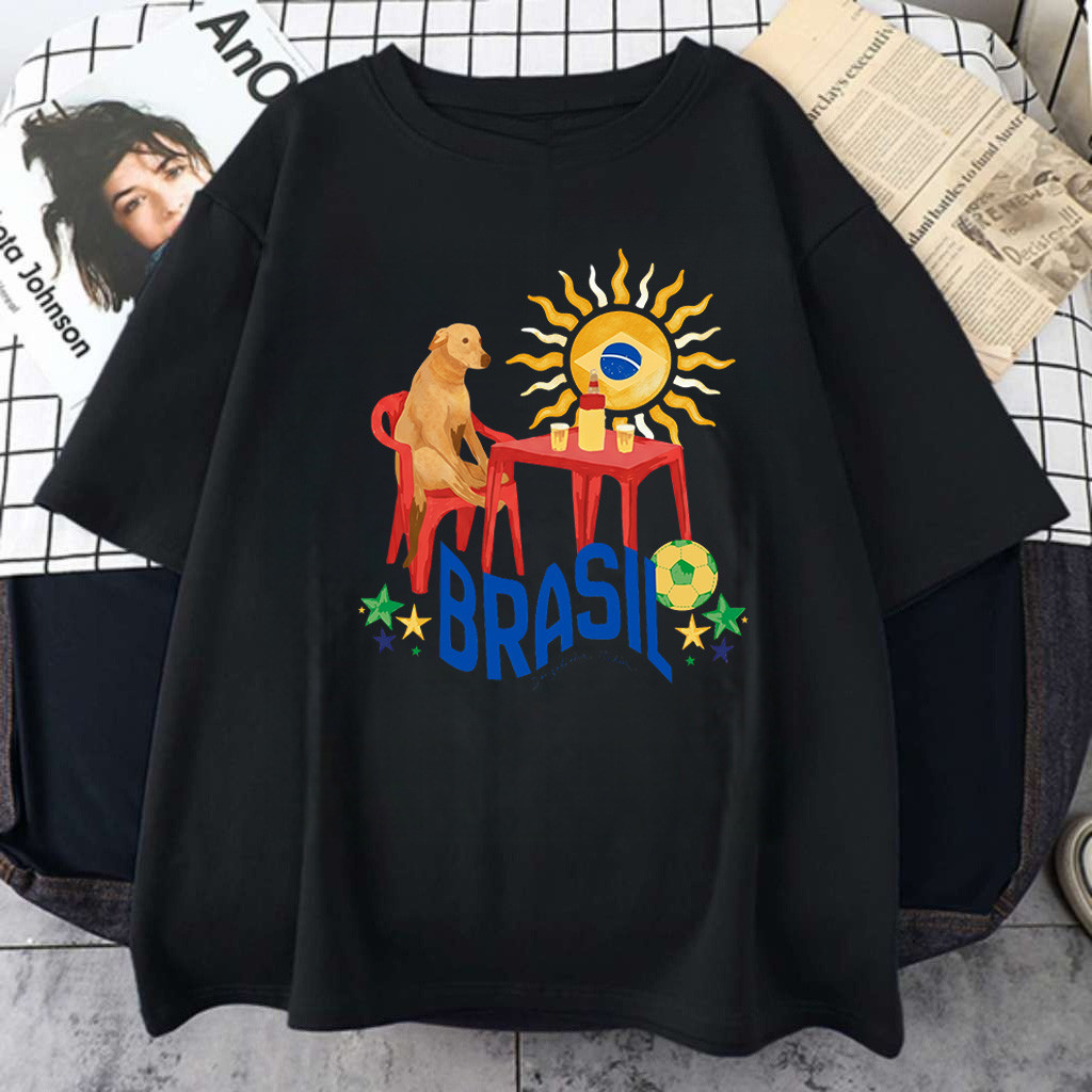 [Camiseta Premium em Algodão Puro]SISI Camisa Oversized Casual com Estampa do Brasil, Leão, Futebol e Sol, Unissex, para
