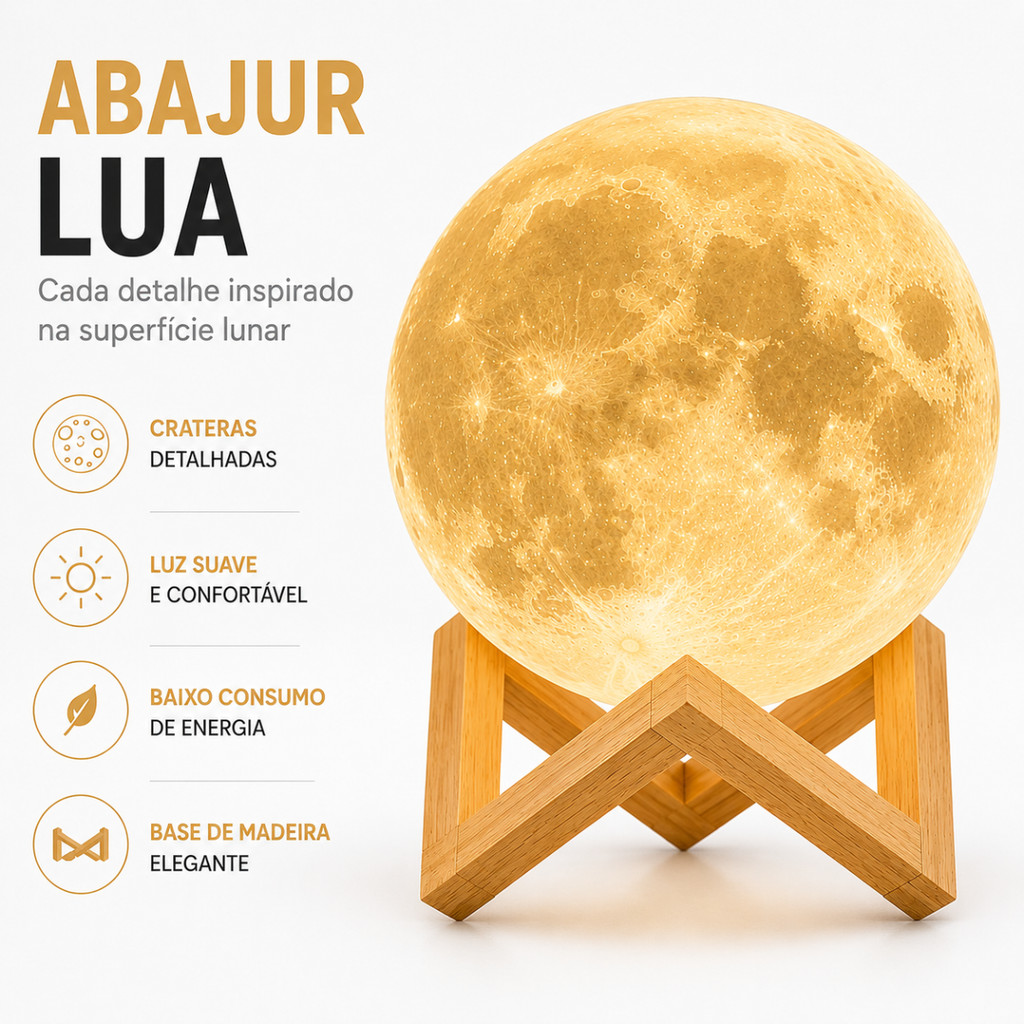 Abajur Lua LED Luminária Decorativa Quarto Mesa Cabeceira Presente Criativo Base Madeira