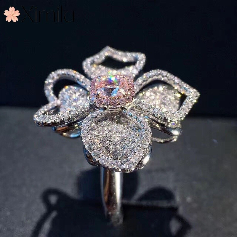 ❤ Flor Original moda rosa anel de diamante menina cheio de diamante noivado bonito moda Retro acessórios estilo chinês p