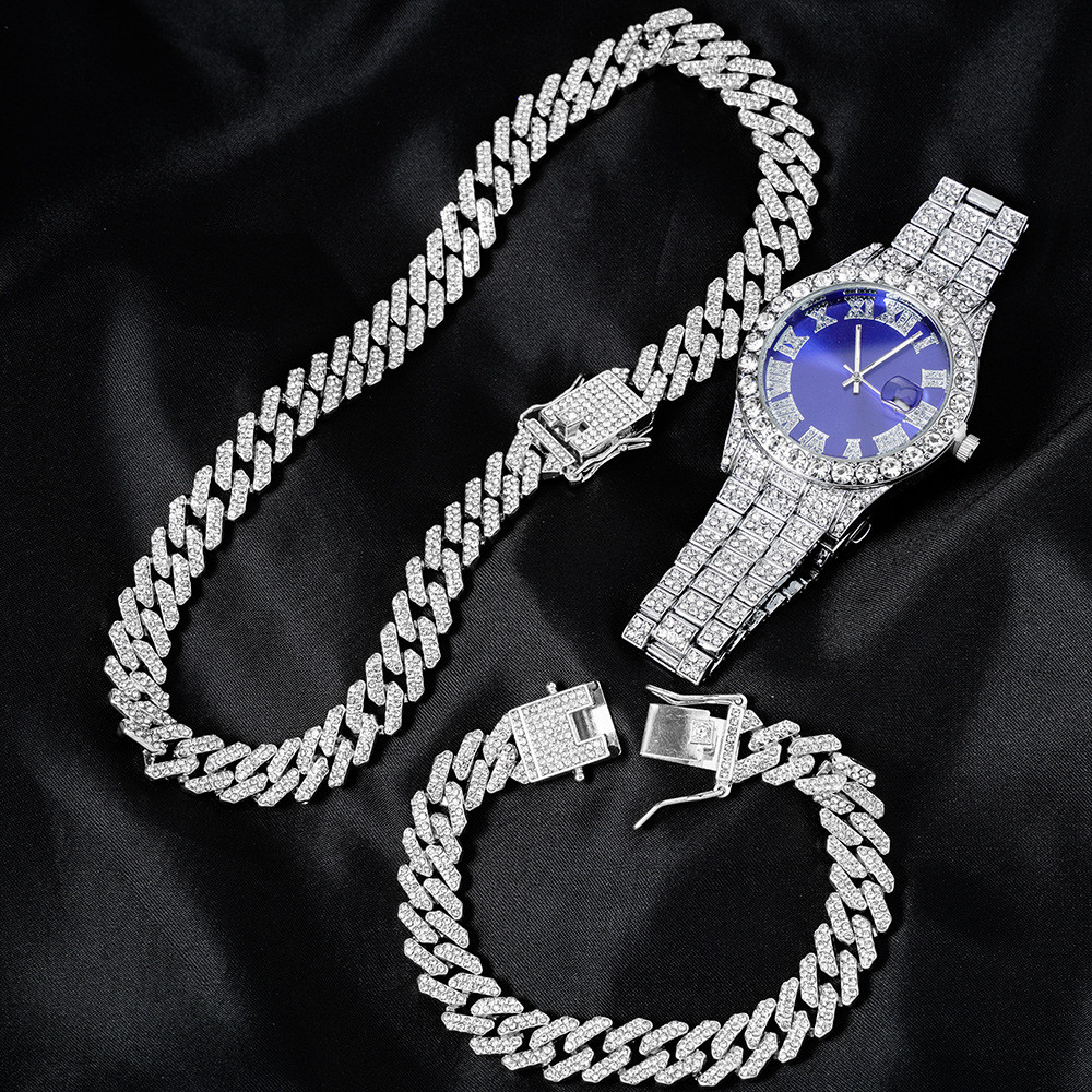 Novo Corrente Cravejada Hip Hop Iced Conjunto Colar Corrente Cubana 12mm Conjunto Relógio Pulseira Diamantes Moda Colar 