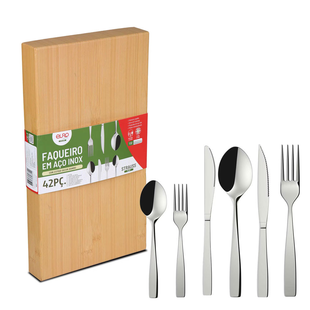 Faqueiro Strauss Flat FQM42F 42 Peças Aço Inox Cabo Decorado Serve 6 Pessoas Euro Home