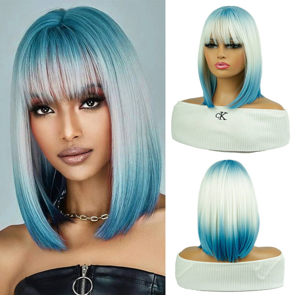 TSE Qi Bangs bobo Cabeça Gradiente Céu Azul Peruca Feminina Cabelo Curto Liso Fibra Química Capacete Completo Cabelo Cur