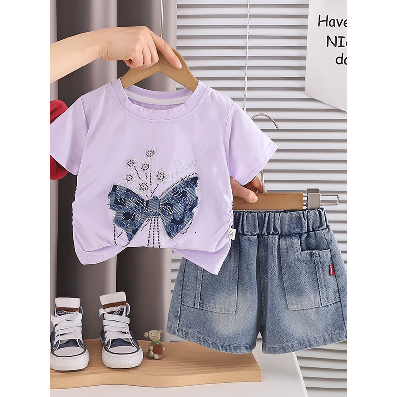 Meninas verão estilo ocidental arco de manga curta terno de duas peças bebê verão moda roupas da menina do bebê crianças
