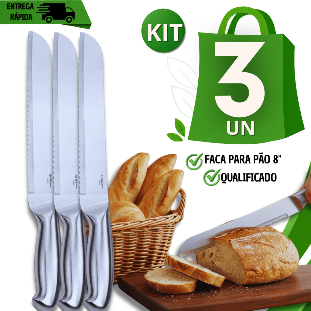 Kit Faca de Pão 8" Corte Inox Inteiriça Serrilhada Profissional Cozinha Padaria Pão Bolos Utilidades