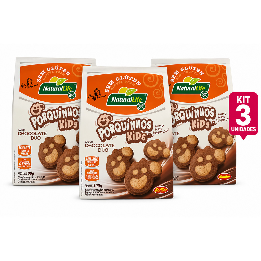 Porquinhos Kids Chocolate Duo Sem Glúten 100g Kit 3