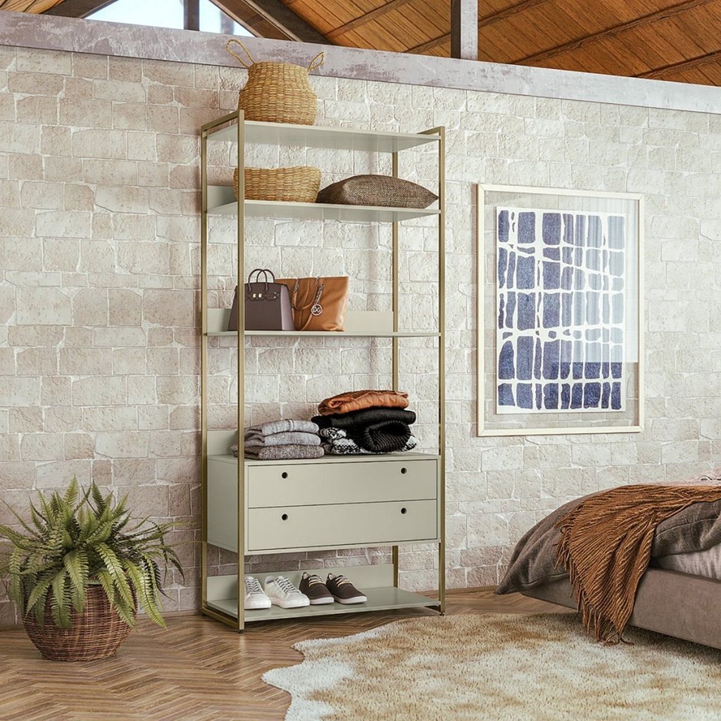 Estante de Livros Industrial MDF 89CMX200CM 2 Gavetas 5 Prateleiras Off White/Verde Off White