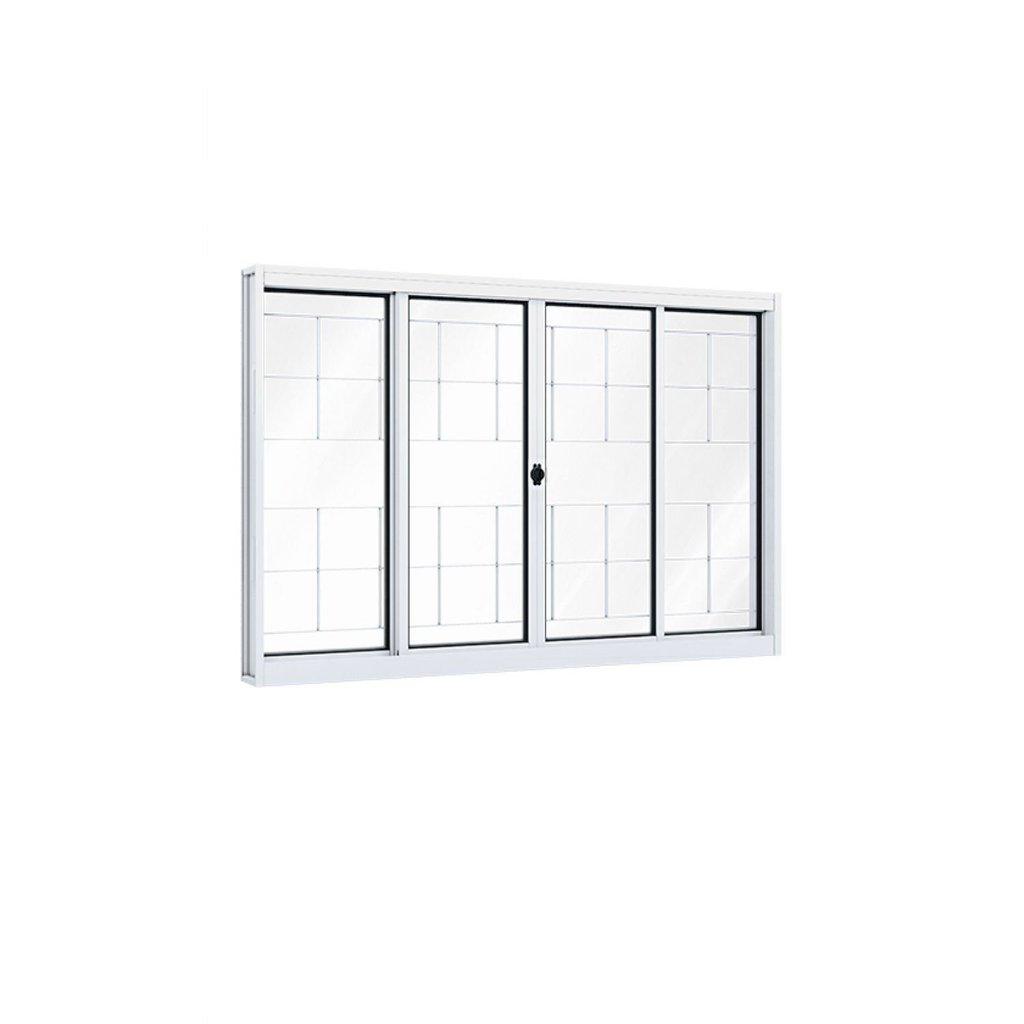 Janela de Aço de Correr 100x100cm 4 Folhas com Grade e Vidro Liso Riobras Branco 100cm x 100cm