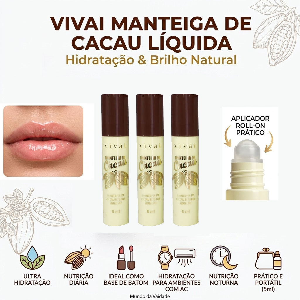 Manteiga de Cacau Vivai Roll On para Lábios com Hidratação Diária 3064.1.1 1, 2 ou 3 Unidades