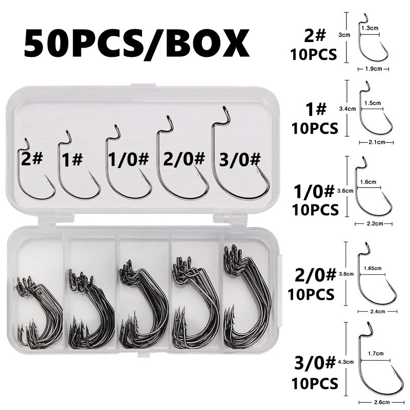 Conjunto de 50 Anzóis de Pesca em Caixa, Anzóis Jig Crank com Farpa, Aço Inoxidável de Alto Carbono, Anzol Offset de Abe
