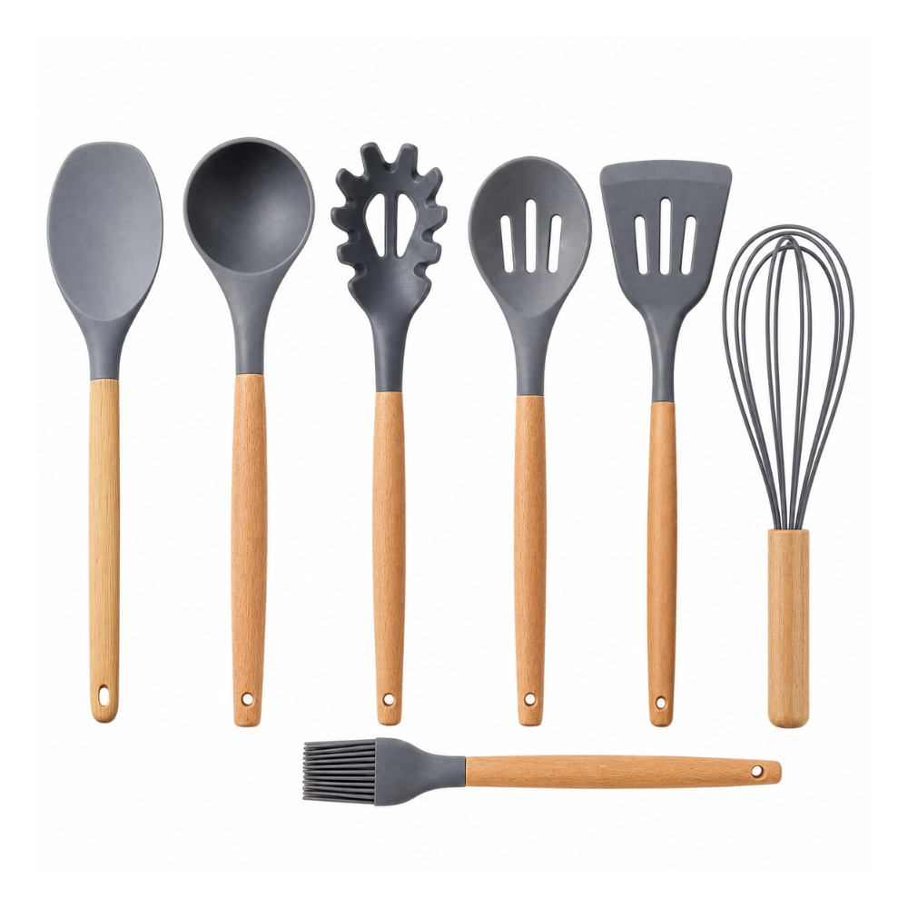 Kit 7 Utensílios de Cozinha Cabo em Madeira Alta Qualidade
