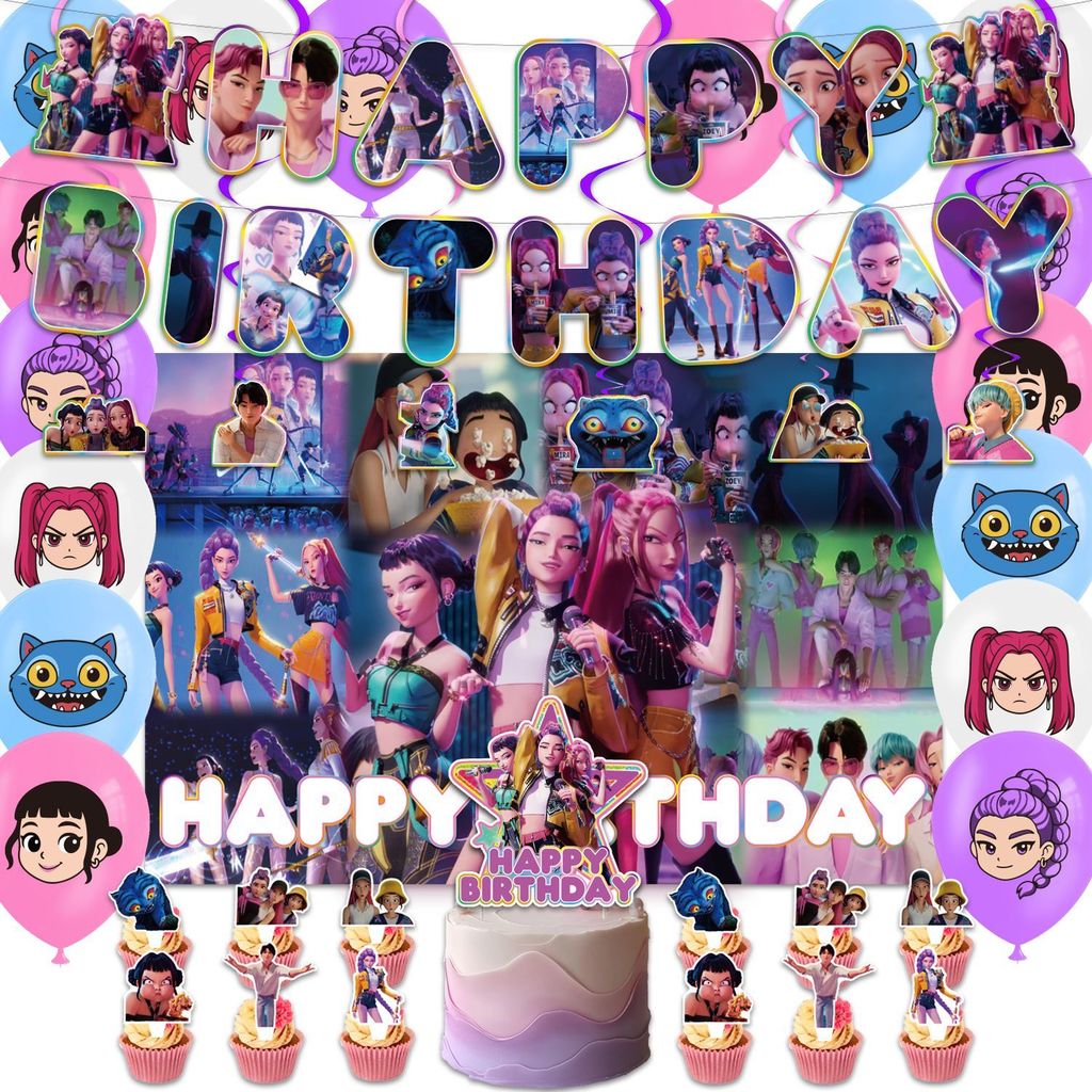 Banner de Festa de Aniversário com Tema Caçadores de Demônios, Decoração de Bolo Ballnoon