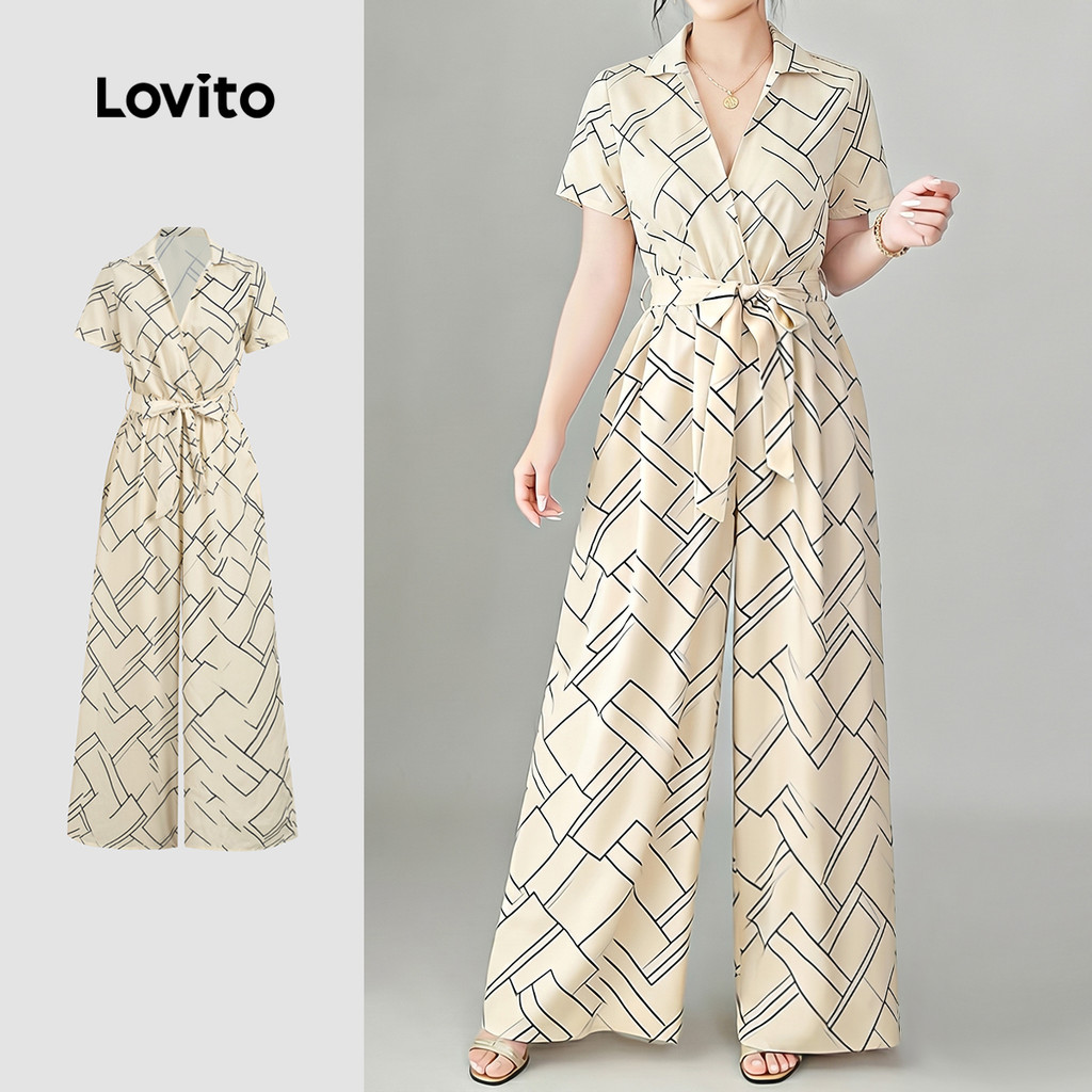 Lovito Macacão Casual Feminino com Cintura Fina Laço e Estampa Geométrica para Primavera/Verão LK6AD204