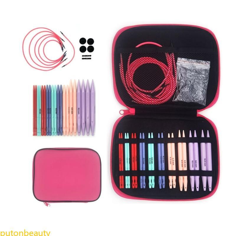 putonbeauty 10 Pares De Agulhas De Tricô Circulares ABS Intercambiáveis Com Estojo De Couro Para Iniciantes Tecelagem De