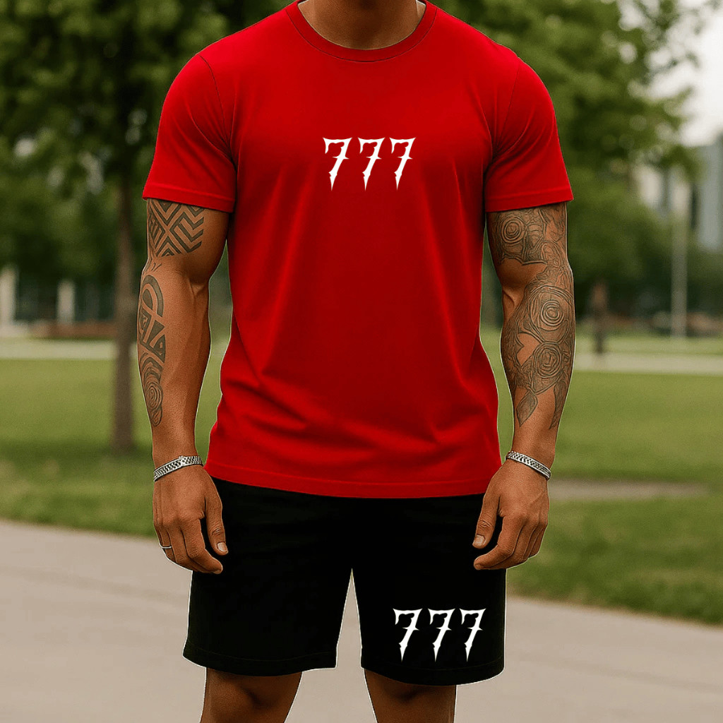 Conjunto Camisa e Bermuda Moletom 100% Algodão Verão Camiseta Blusa Short Estampado 777 Minimalista Gola Redonda