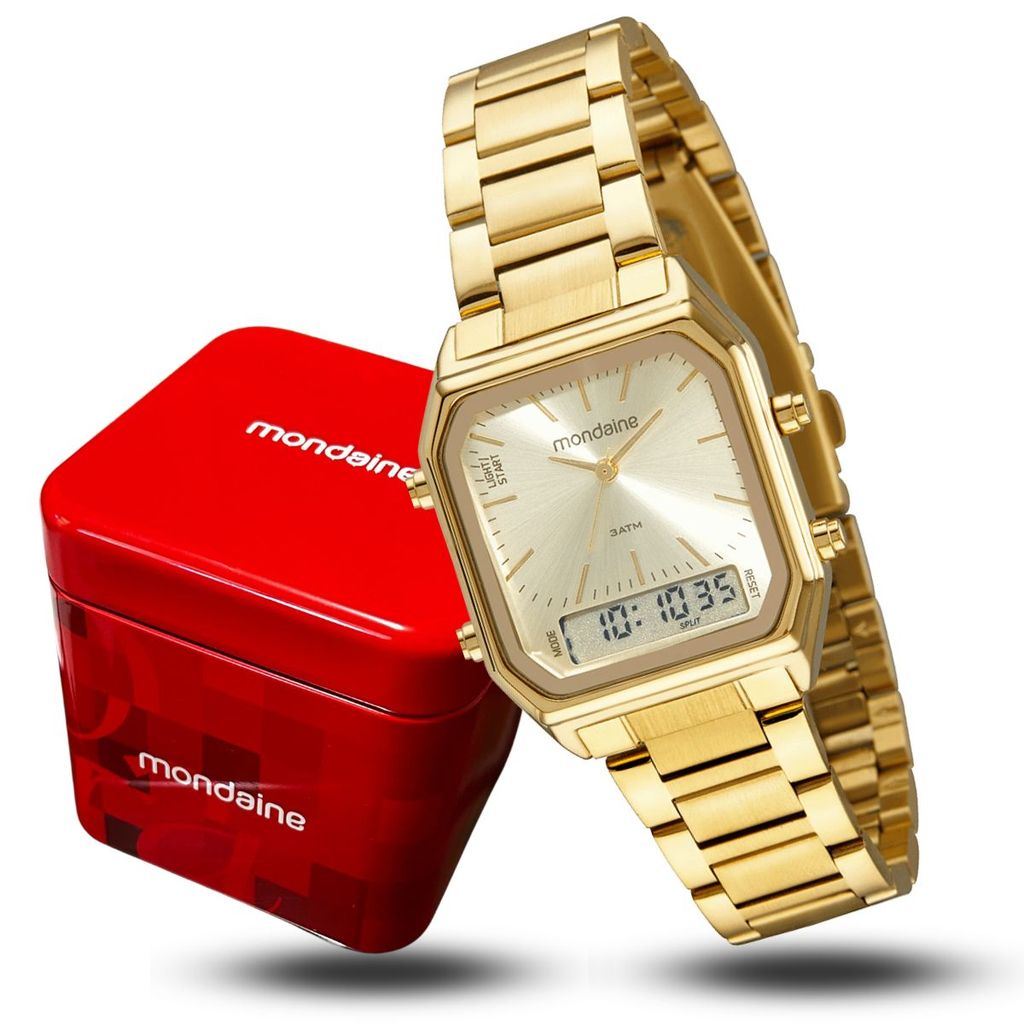 Relógio Mondaine Feminino Quadrado Anadigi Dourado Original