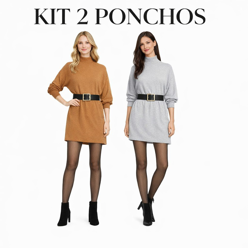 Kit 2 Vestido Poncho Feminino Curto de Frio Lanzinha Gola Alta Manga Longa Cacharrel Elegante