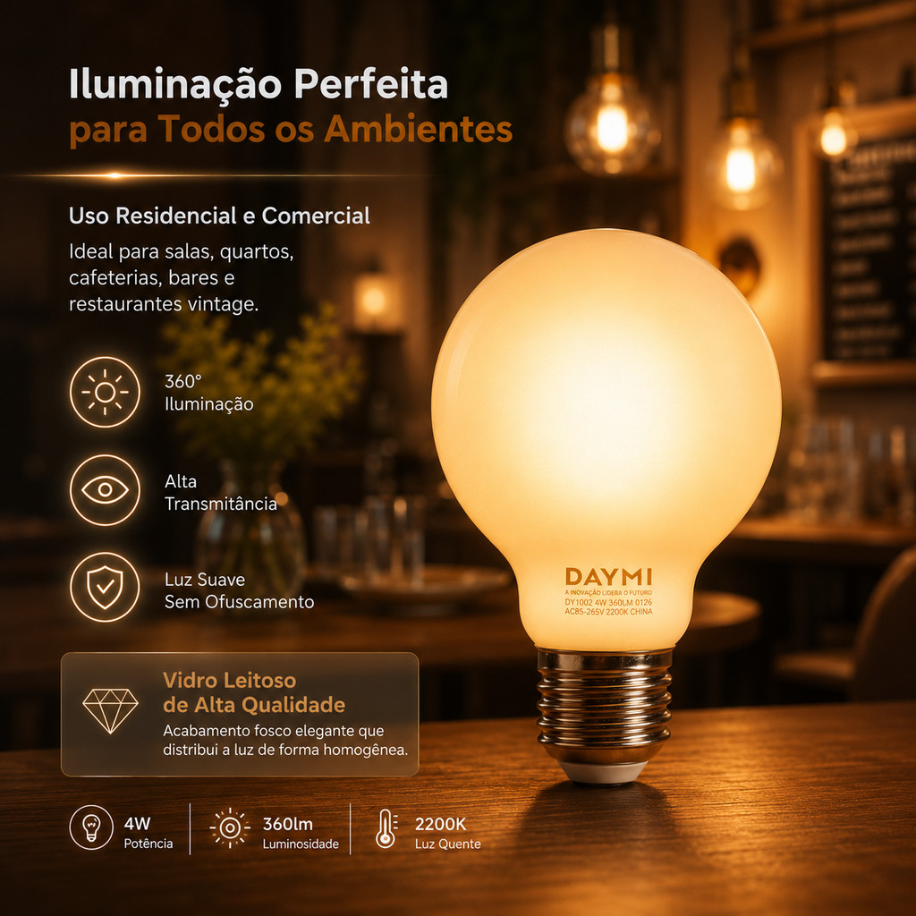 Lâmpada Filamento Led Globo G95 Leitosa 4w E27 Bivolt 2200k