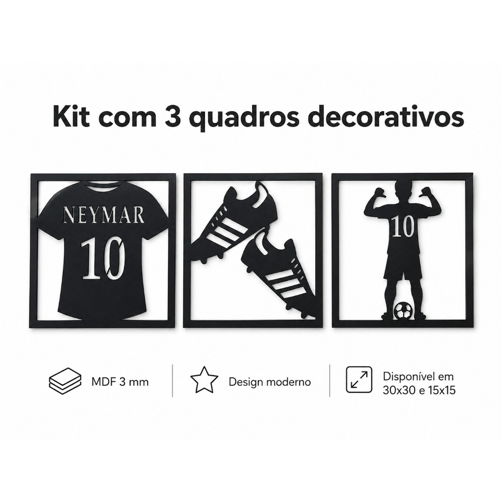 Kit 3 Quadros Decorativos Futebol MDF Camisa Bola Chuteira 30x30 15x15 Quarto Infantil Gamer