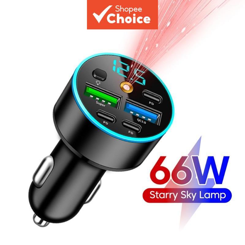 Carregador Veicular 5 Portas USB Tipo C de Carregamento Rápido com Adaptador para Telefone e Luz de Teto Estelar