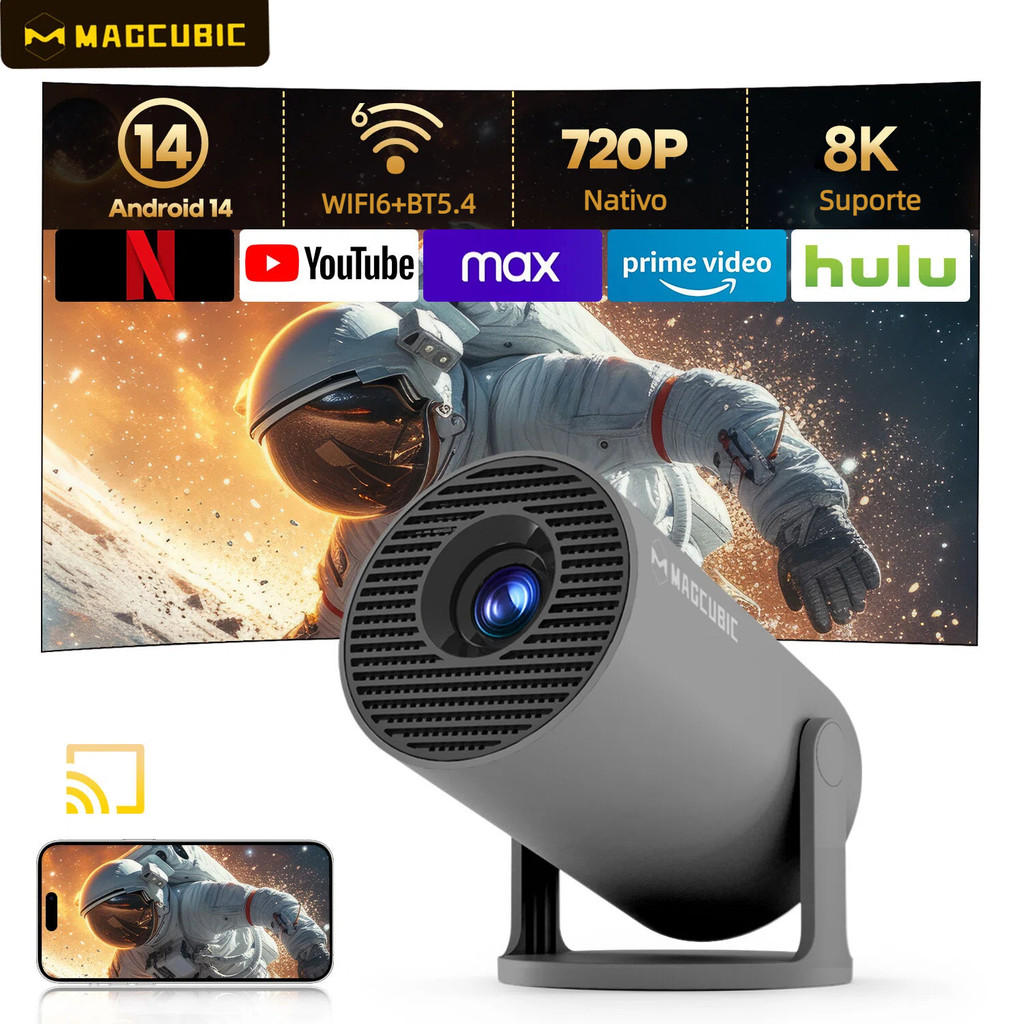 MAGCUBIC Projetor HY300 Pro 290ANSI 4K Suporte WiFi6 BT5.4 Android 14 Rotação de 180° MIni Size
