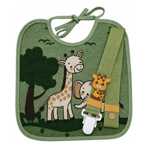 Kit Babador Bebê Safari Com Prendedor De Chupeta Maternidade Enxoval Girafa  Safari Verde Musgo