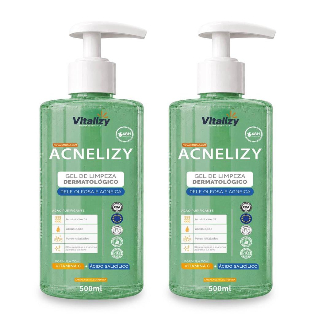 Kit 2x500ML Gel de Limpeza Facial Controle da Oleosidade Pele Oleosa e Acneica Limpeza Profunda Vitalizy